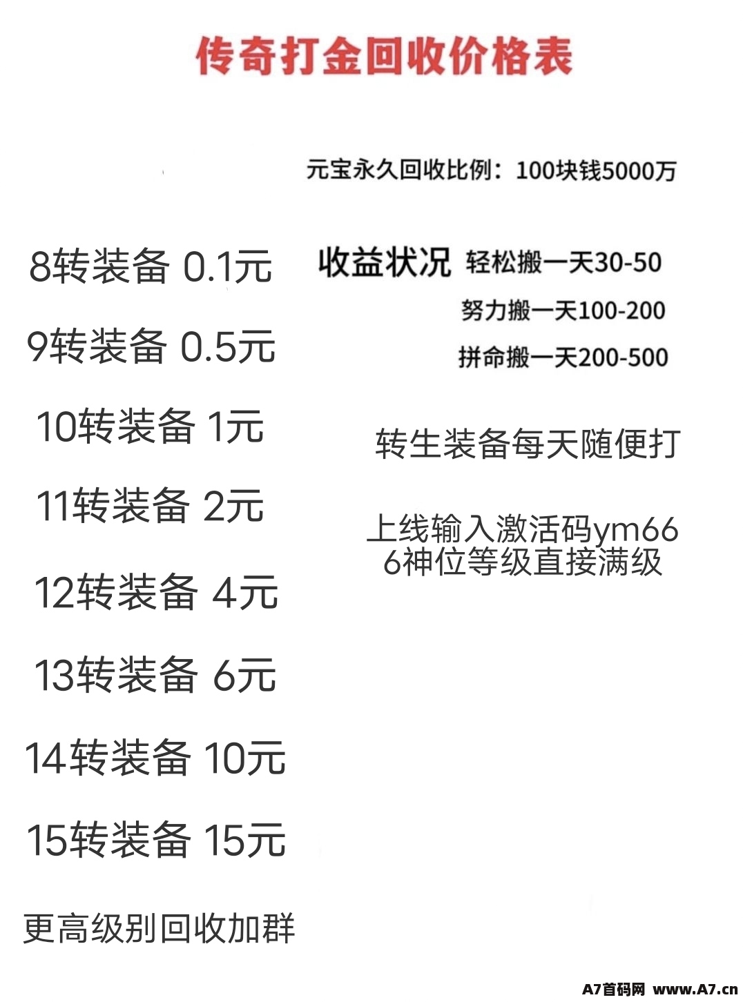 传奇打金，在线回收