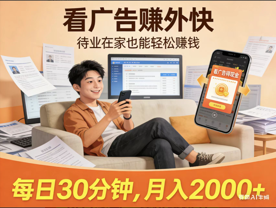  首码副业看广告单条33日赚50+佣金高价值分润 收益无限