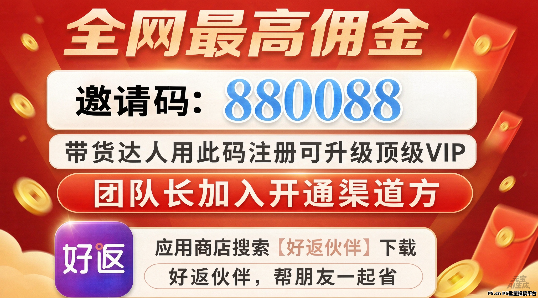 带货达人必看，好返伙伴升级顶级VIP，开通渠道方拿全网最高佣金